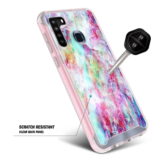 Samsung Galaxy A21 CASE Pink Marble Built In Screen Protector - Picture 3 of 4
